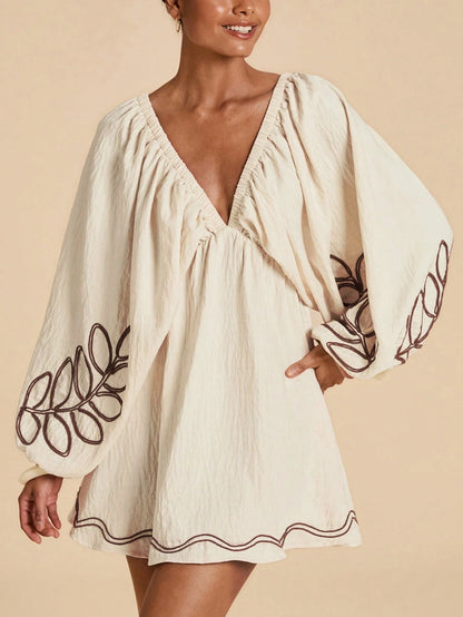 Travachic Embroidered Contrast Color Dress For Women,Brown Striped,Summer,Boho,Holiday,Vacation,Holiday Elegant Floral White Casual Summer Sun Dress,Bohemian Su