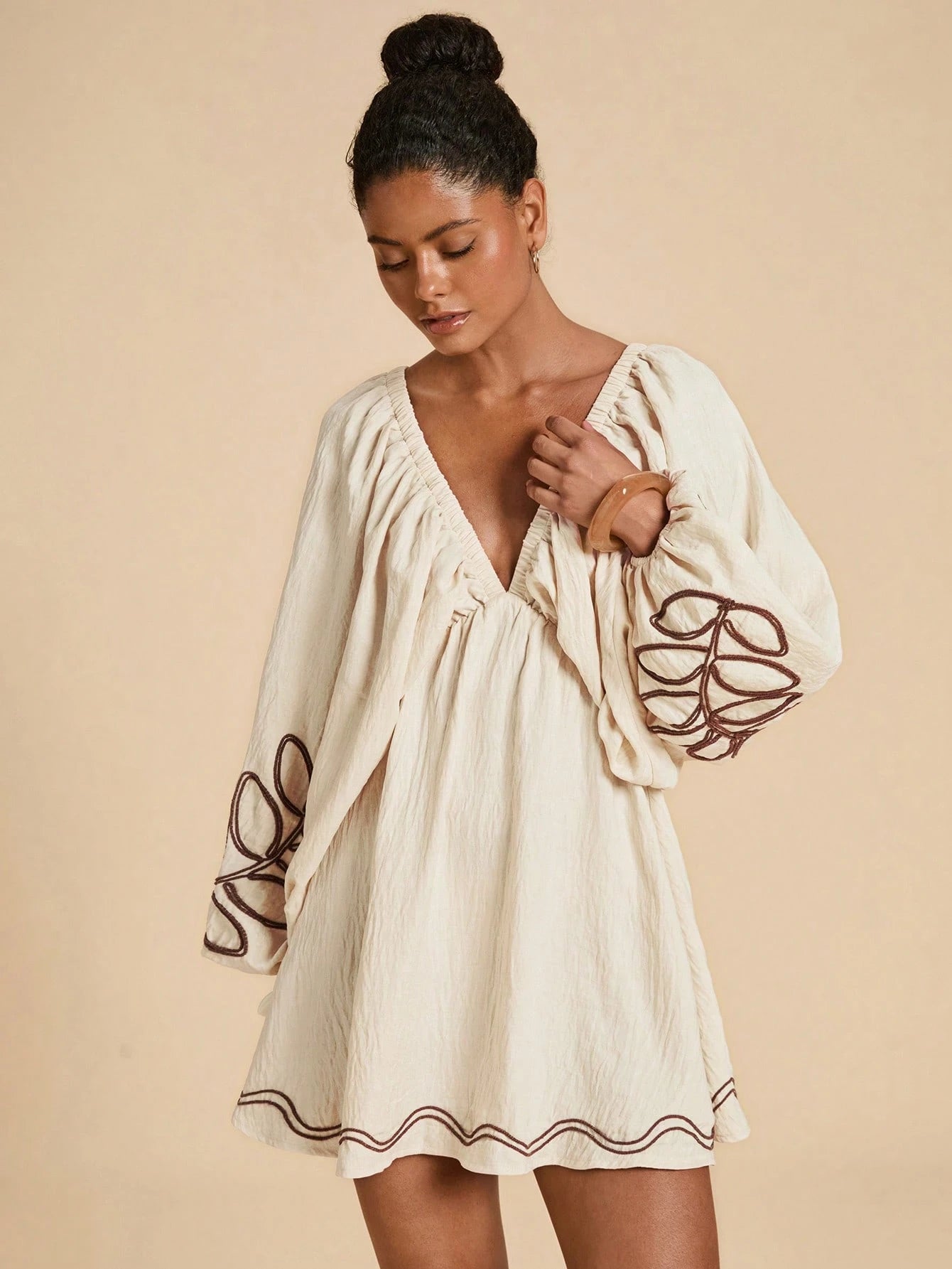 Travachic Embroidered Contrast Color Dress For Women,Brown Striped,Summer,Boho,Holiday,Vacation,Holiday Elegant Floral White Casual Summer Sun Dress,Bohemian Su