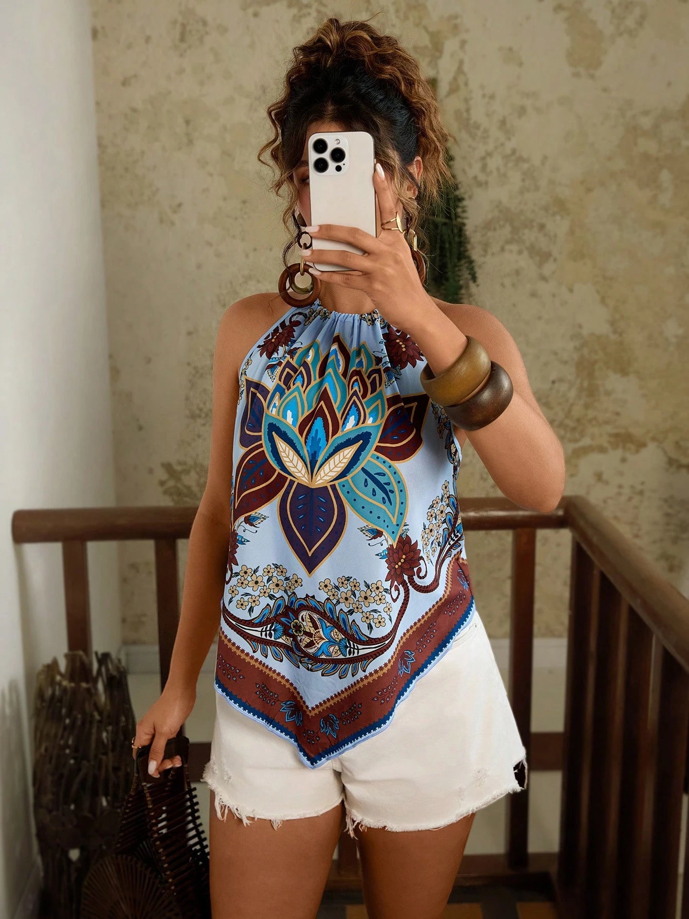 Travachic Plus Size Light Blue Summer Boho Vacation Holiday Bohemian Tropical Beach Spaghetti Strap Backless Sleeveless Camisole Hippie Bandana Scarf Top