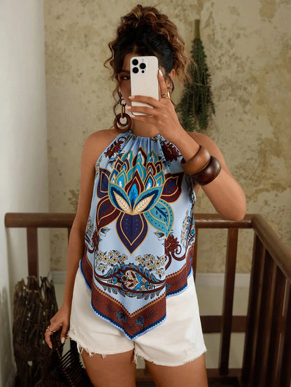 Travachic Plus Size Light Blue Summer Boho Vacation Holiday Bohemian Tropical Beach Spaghetti Strap Backless Sleeveless Camisole Hippie Bandana Scarf Top