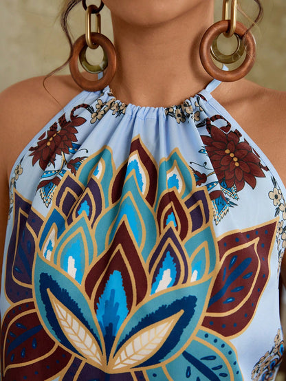 Travachic Plus Size Light Blue Summer Boho Vacation Holiday Bohemian Tropical Beach Spaghetti Strap Backless Sleeveless Camisole Hippie Bandana Scarf Top