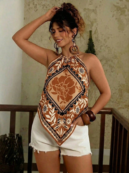 Travachic Plus Size Women Floral Print Casual 90s Boho Versatile Daily Wear Halter Top Holiday Vacation Brown Summer Vacation