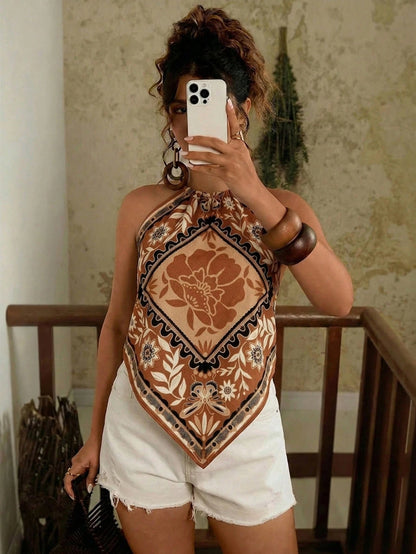 Travachic Plus Size Women Floral Print Casual 90s Boho Versatile Daily Wear Halter Top Holiday Vacation Brown Summer Vacation