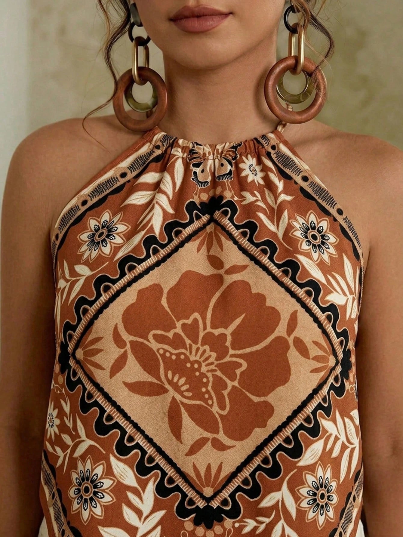 Travachic Plus Size Women Floral Print Casual 90s Boho Versatile Daily Wear Halter Top Holiday Vacation Brown Summer Vacation