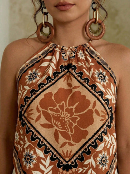 Travachic Plus Size Women Floral Print Casual 90s Boho Versatile Daily Wear Halter Top Holiday Vacation Brown Summer Vacation