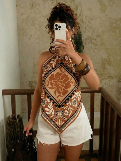 Travachic Plus Size Women Floral Print Casual 90s Boho Versatile Daily Wear Halter Top Holiday Vacation Brown Summer Vacation