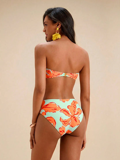 Travachic Women Floral Print Bandeau Bikini Set,Summer Outfits For Women,Swimsuits For Woman,Bathing Suits For Women Beach Vacation