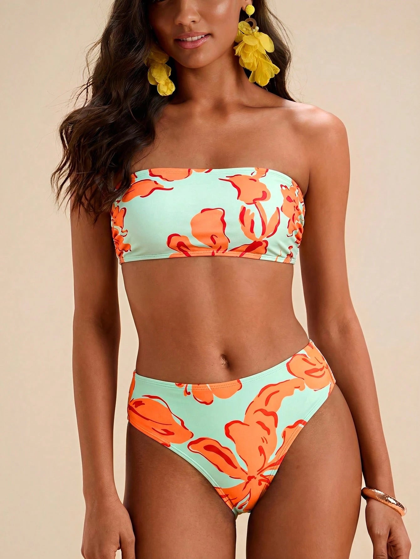 Travachic Women Floral Print Bandeau Bikini Set,Summer Outfits For Women,Swimsuits For Woman,Bathing Suits For Women Beach Vacation