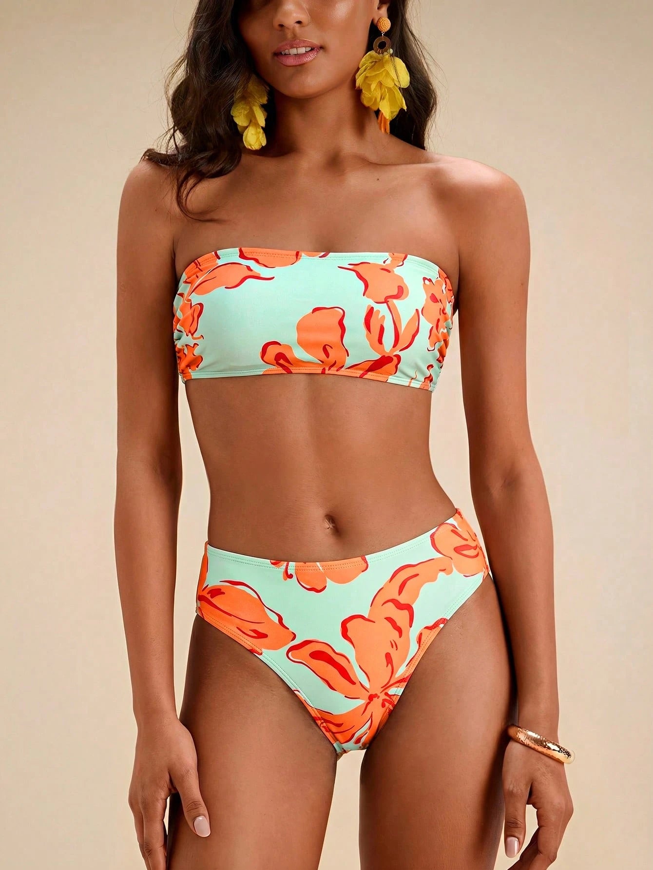 Travachic Women Floral Print Bandeau Bikini Set,Summer Outfits For Women,Swimsuits For Woman,Bathing Suits For Women Beach Vacation