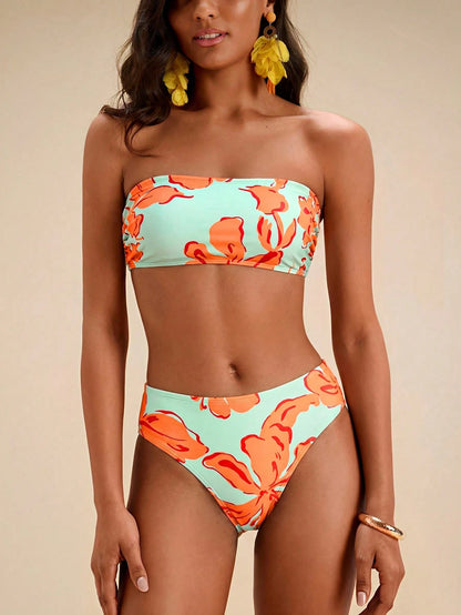 Travachic Women Floral Print Bandeau Bikini Set,Summer Outfits For Women,Swimsuits For Woman,Bathing Suits For Women Beach Vacation