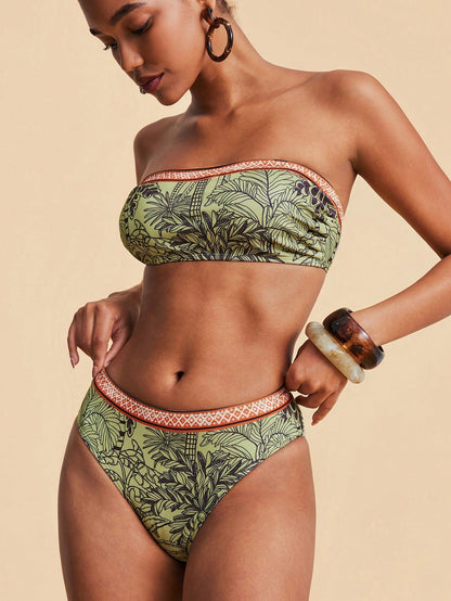 Travachic Women Floral Print Bandeau Bikini Set,Summer Outfits For Women,Swimsuits For Woman,Bathing Suits For Women Beach Vacation