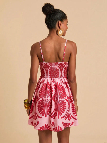 Travachic Women's All-Over Print Summer Backless Spaghetti Strap Mini Dress