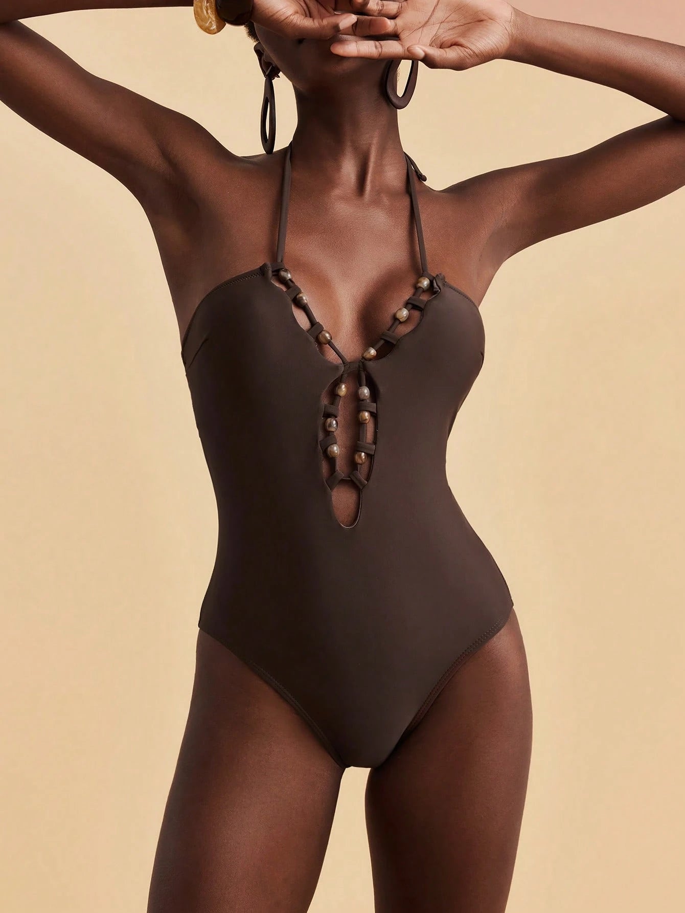 Travachic Women's Chocolate Brown Beaded One-Piece Swimsuit,Bohemian Summer Boho Beach Holiday Holiday Bathing Suit,Tropical Y2k Solid Color Cutout Swimwear