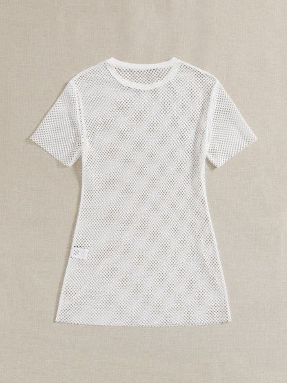 Travachic Women's Sexy Fishnet Round Neck Short Sleeve Cover Up Top, Summer