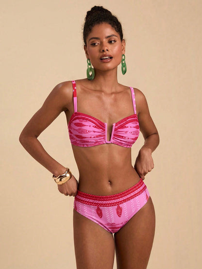 Travachic Women's Summer Beach Vacation Floral Print Ruched Bust Bikini Set Bathing Suit