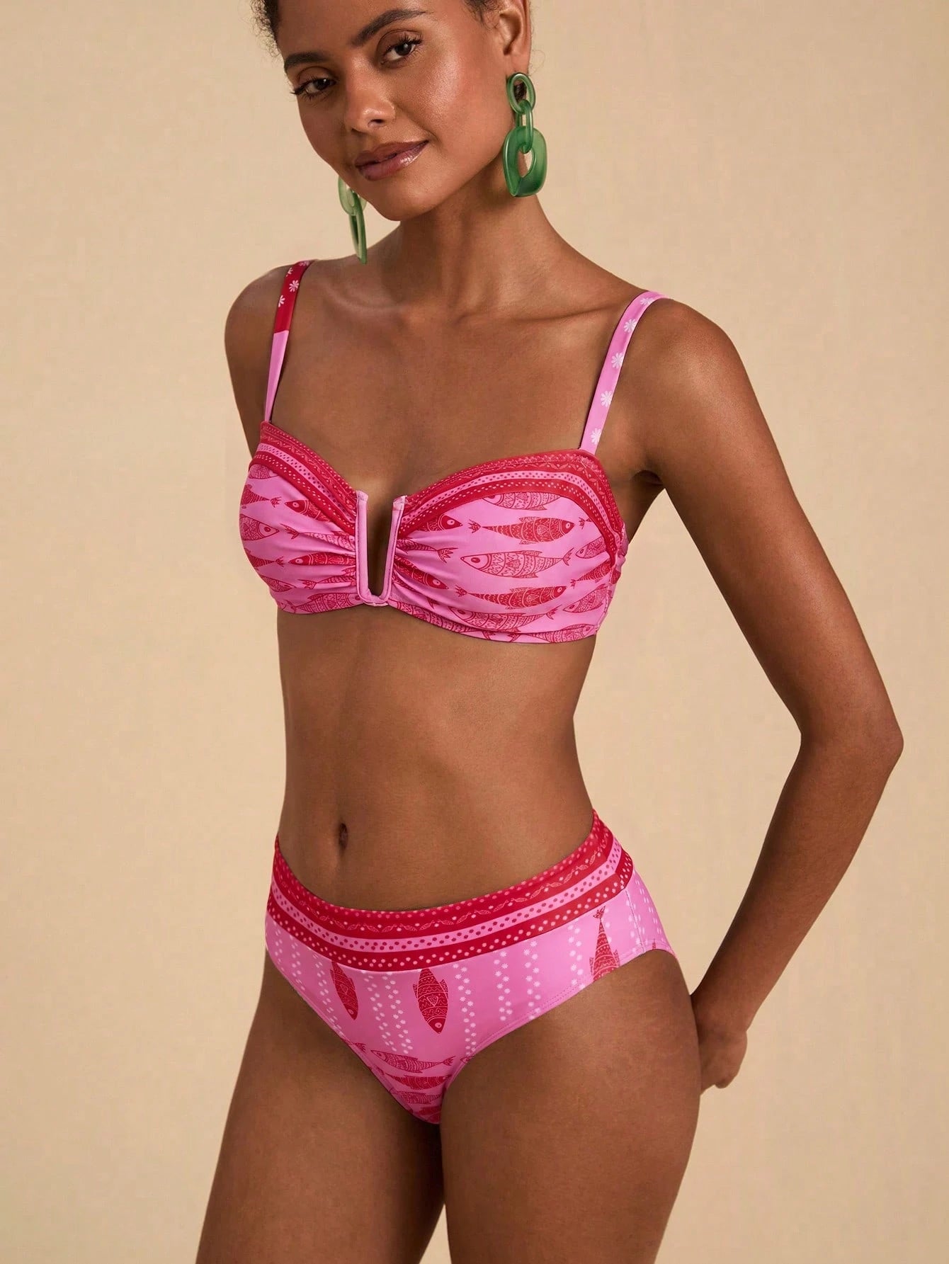 Travachic Women's Summer Beach Vacation Floral Print Ruched Bust Bikini Set Bathing Suit