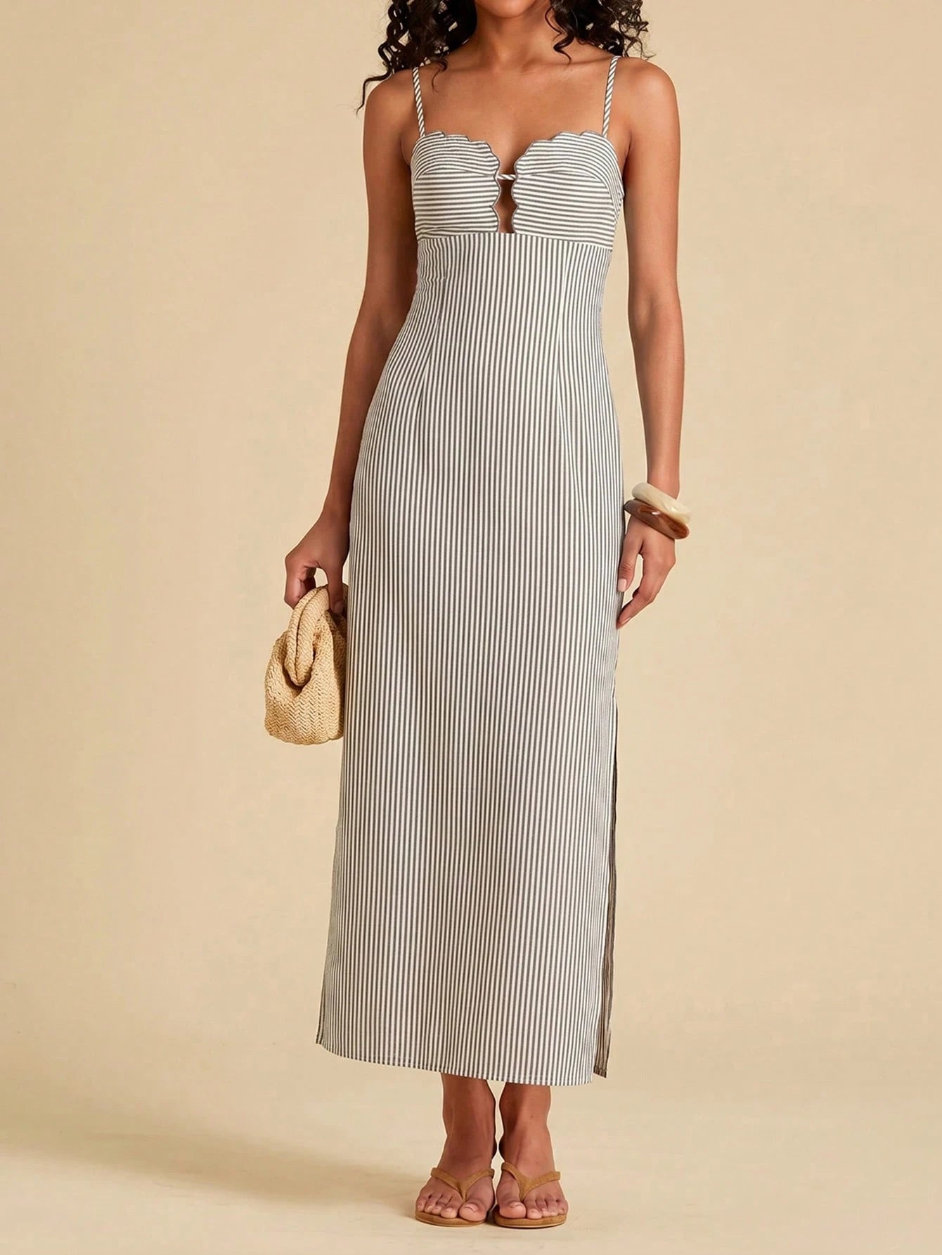Travachic Women's Summer Casual Vacation Colorblock Striped Print Backless Tie-Front High Slit Hem Cami Dress,Dresses For Women Summer Summer Dresses