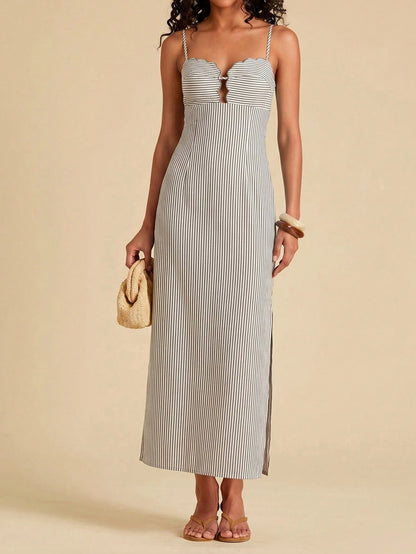 Travachic Women's Summer Casual Vacation Colorblock Striped Print Backless Tie-Front High Slit Hem Cami Dress,Dresses For Women Summer Summer Dresses