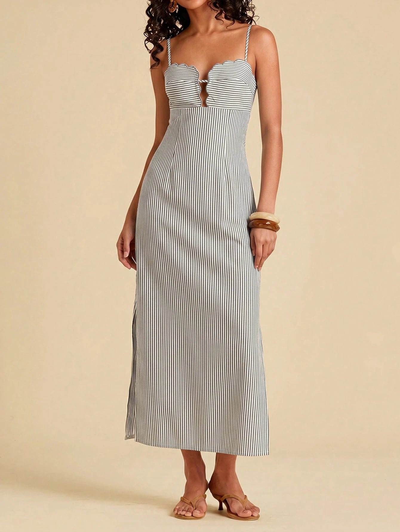 Travachic Women's Summer Casual Vacation Colorblock Striped Print Backless Tie-Front High Slit Hem Cami Dress,Dresses For Women Summer Summer Dresses