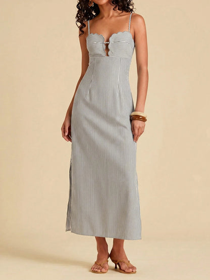 Travachic Women's Summer Casual Vacation Colorblock Striped Print Backless Tie-Front High Slit Hem Cami Dress,Dresses For Women Summer Summer Dresses