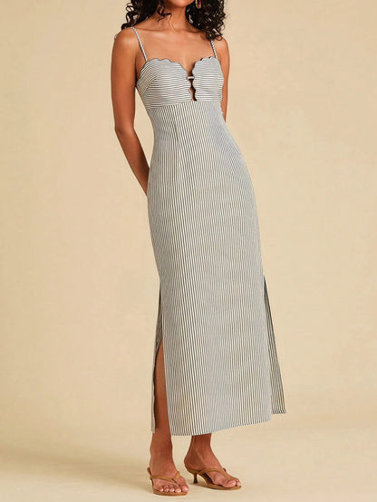 Travachic Women's Summer Casual Vacation Colorblock Striped Print Backless Tie-Front High Slit Hem Cami Dress,Dresses For Women Summer Summer Dresses