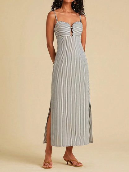Travachic Women's Summer Casual Vacation Colorblock Striped Print Backless Tie-Front High Slit Hem Cami Dress,Dresses For Women Summer Summer Dresses