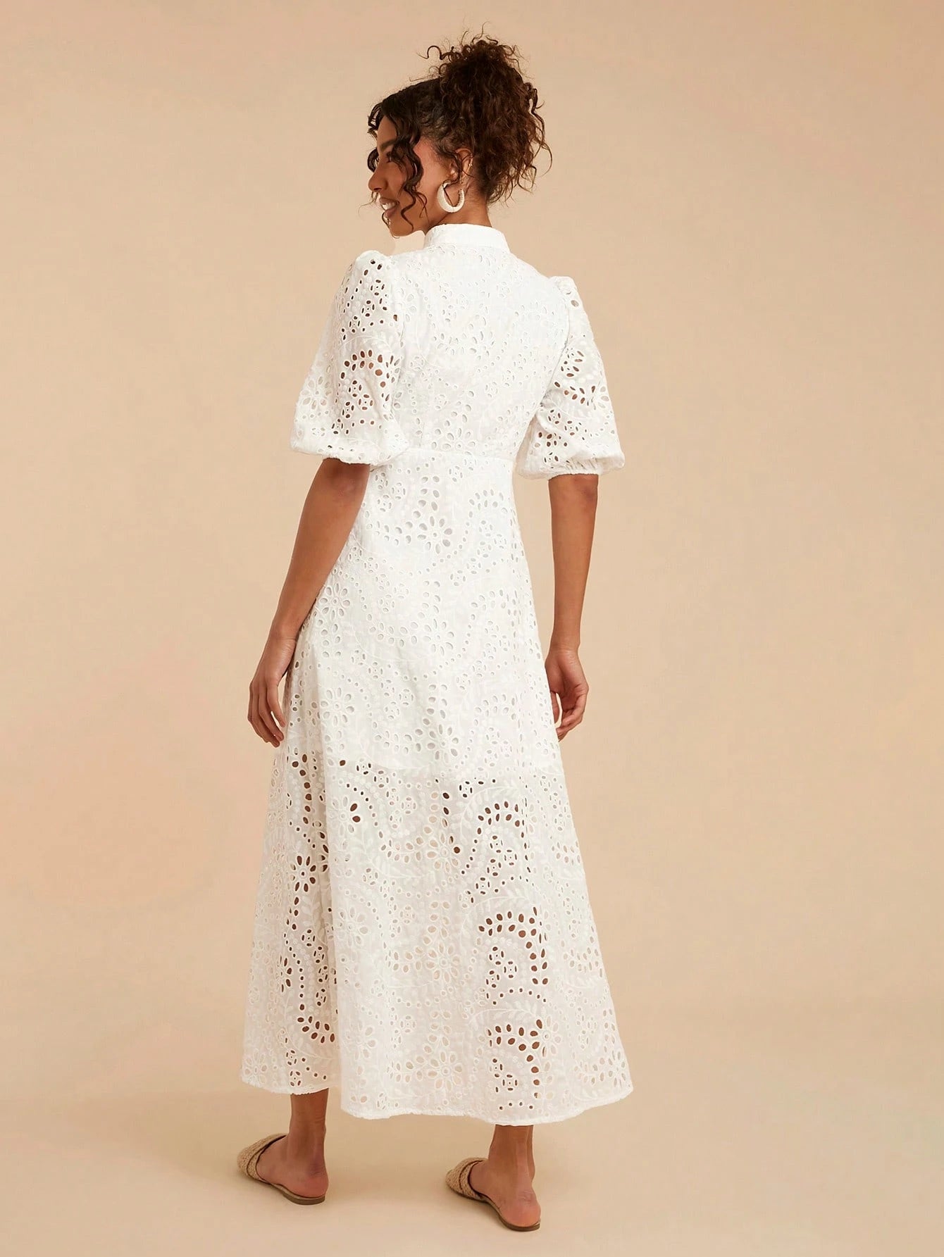 Travachic Women's White Elegant Tea Party Dress,Summer Solid Eyelet Embroidery Collar A-Line High Waisted,Bohemian Tropical Vacation Western Style Outfits