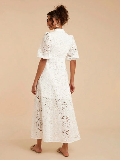 Travachic Women's White Elegant Tea Party Dress,Summer Solid Eyelet Embroidery Collar A-Line High Waisted,Bohemian Tropical Vacation Western Style Outfits