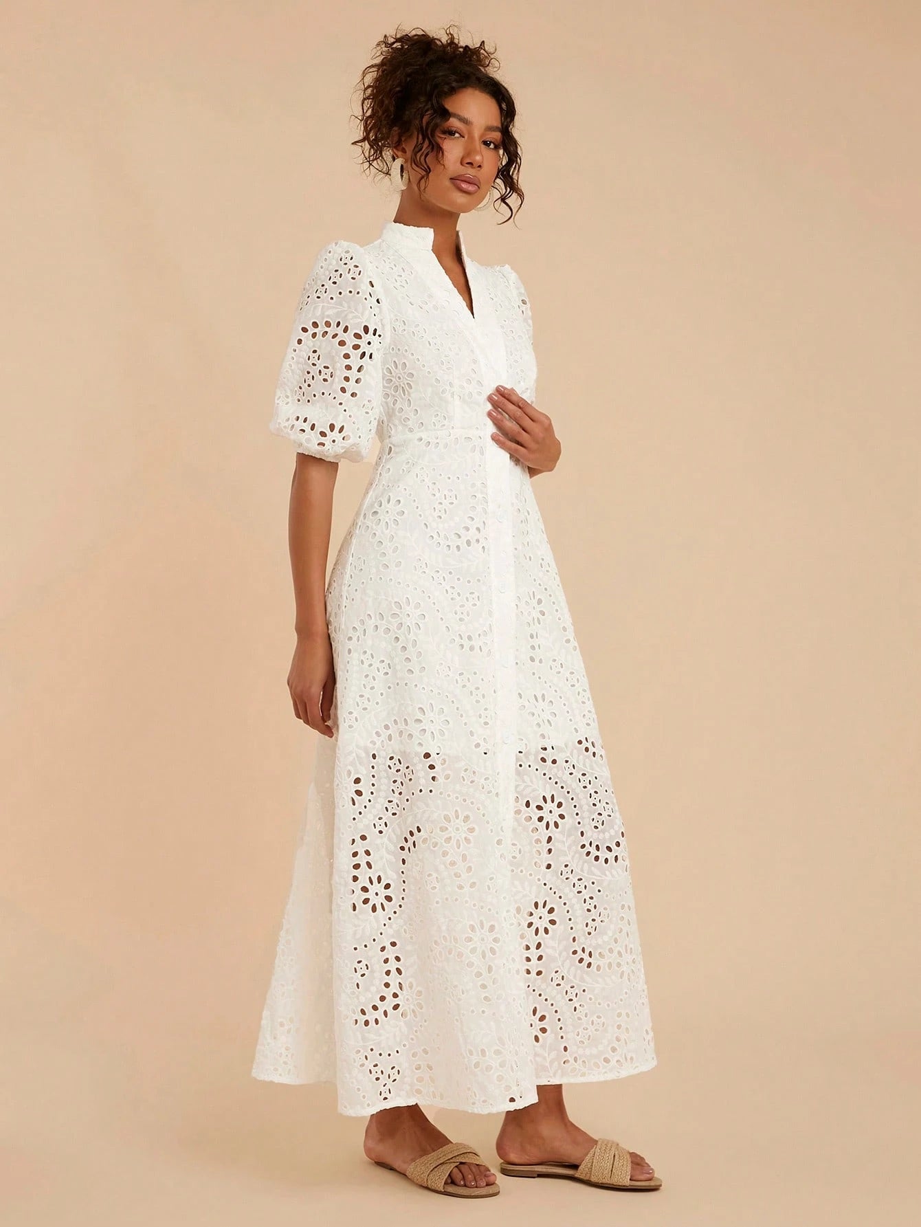 Travachic Women's White Elegant Tea Party Dress,Summer Solid Eyelet Embroidery Collar A-Line High Waisted,Bohemian Tropical Vacation Western Style Outfits