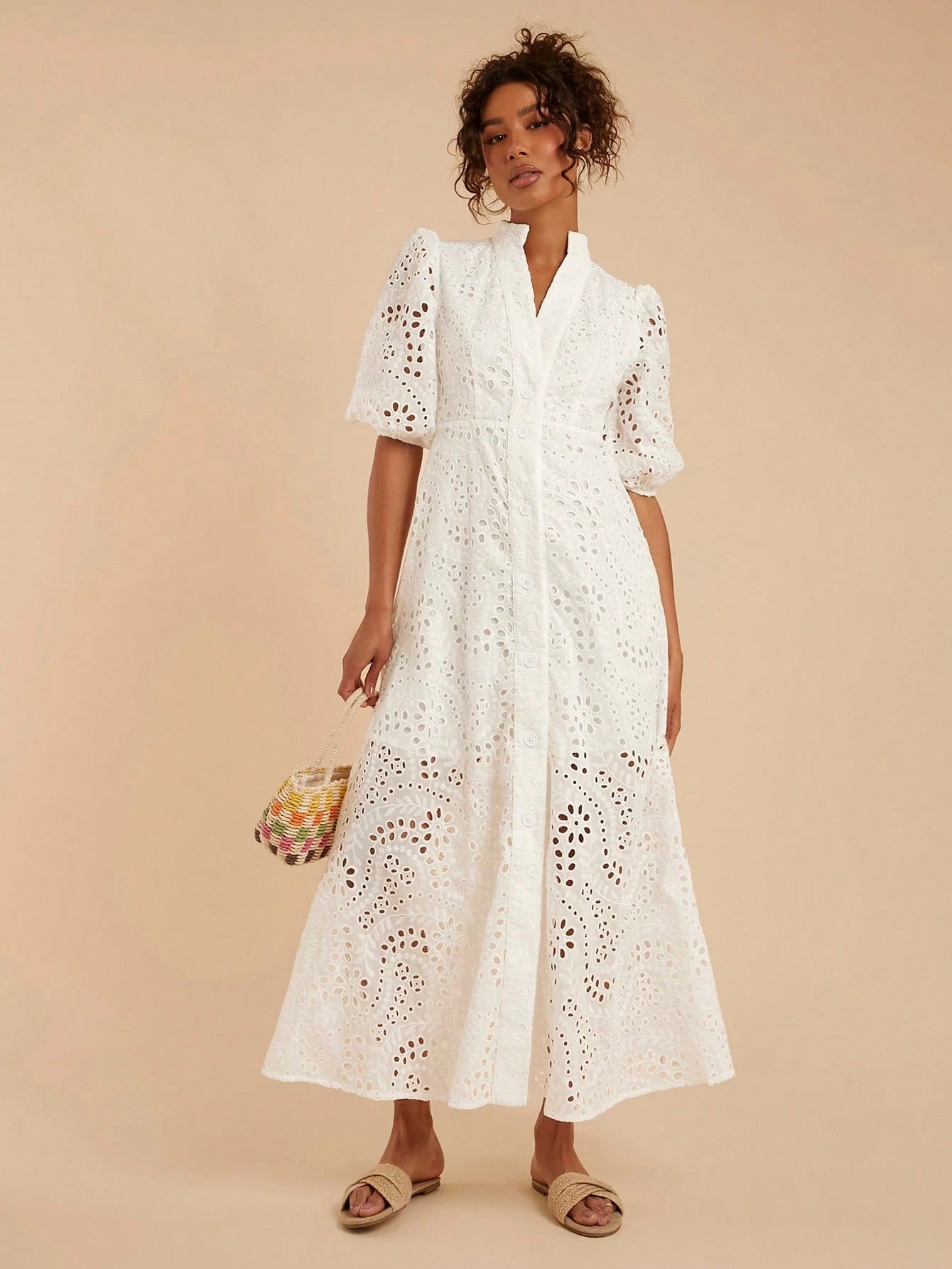Travachic Women's White Elegant Tea Party Dress,Summer Solid Eyelet Embroidery Collar A-Line High Waisted,Bohemian Tropical Vacation Western Style Outfits