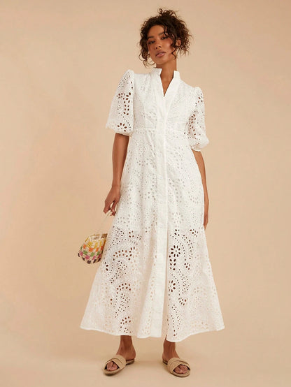 Travachic Women's White Elegant Tea Party Dress,Summer Solid Eyelet Embroidery Collar A-Line High Waisted,Bohemian Tropical Vacation Western Style Outfits