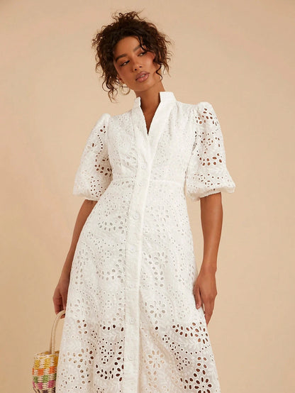 Travachic Women's White Elegant Tea Party Dress,Summer Solid Eyelet Embroidery Collar A-Line High Waisted,Bohemian Tropical Vacation Western Style Outfits