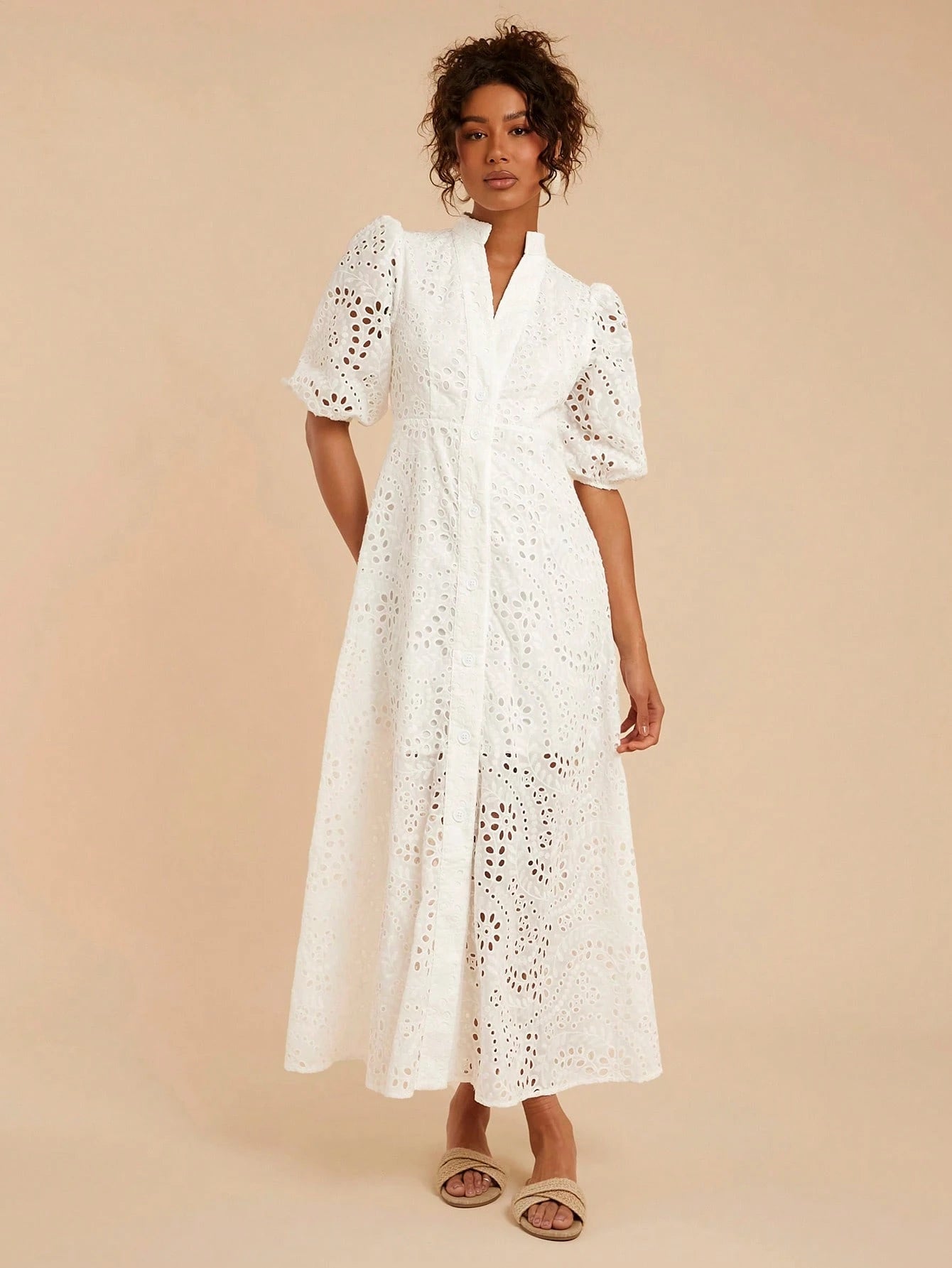 Travachic Women's White Elegant Tea Party Dress,Summer Solid Eyelet Embroidery Collar A-Line High Waisted,Bohemian Tropical Vacation Western Style Outfits