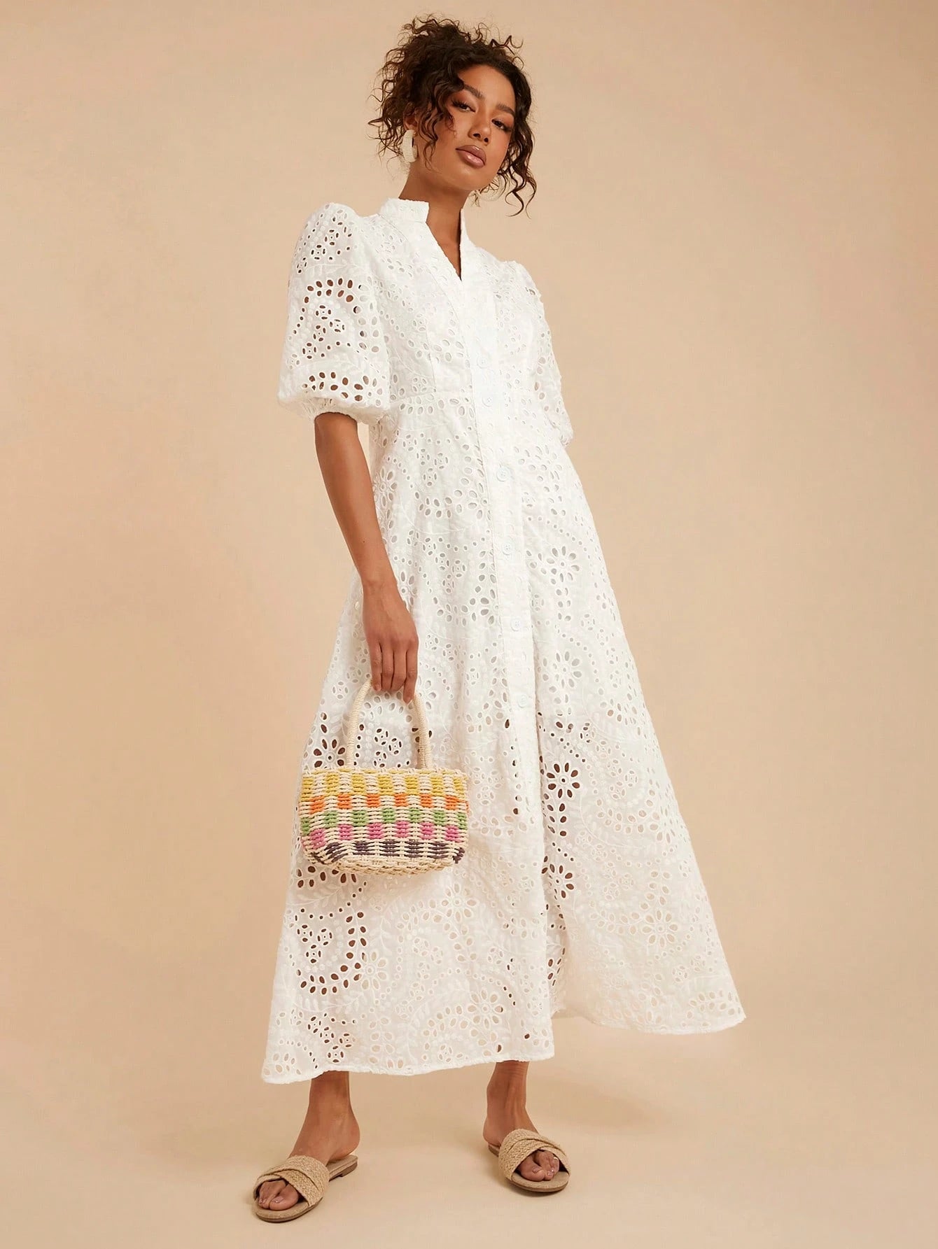Travachic Women's White Elegant Tea Party Dress,Summer Solid Eyelet Embroidery Collar A-Line High Waisted,Bohemian Tropical Vacation Western Style Outfits