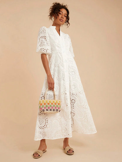 Travachic Women's White Elegant Tea Party Dress,Summer Solid Eyelet Embroidery Collar A-Line High Waisted,Bohemian Tropical Vacation Western Style Outfits