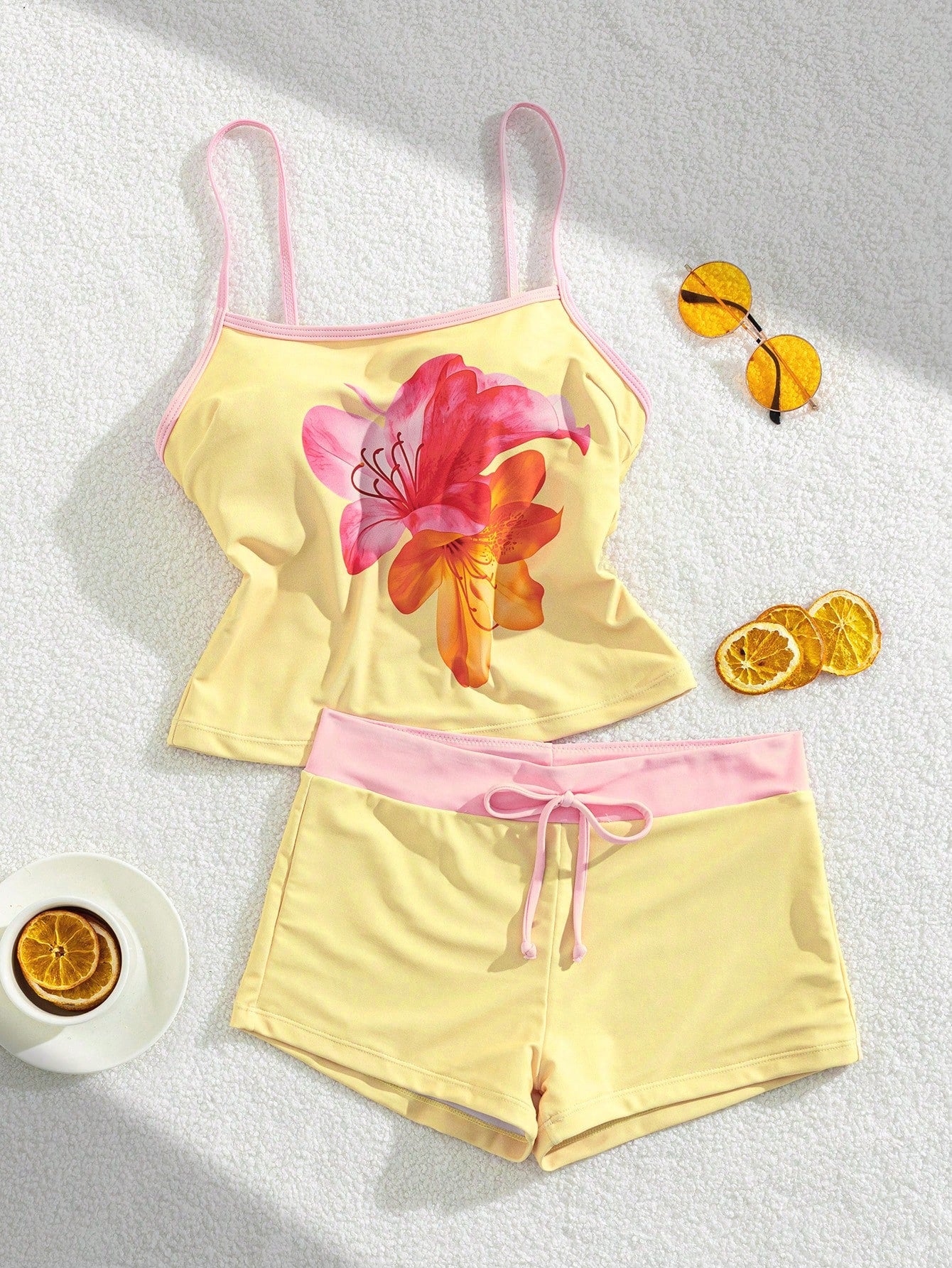 Tropical Print Tankini Swimwear Set For Women, Includes Built-In T-Shirt Bra Top, Vacation Beach Camisole Summer