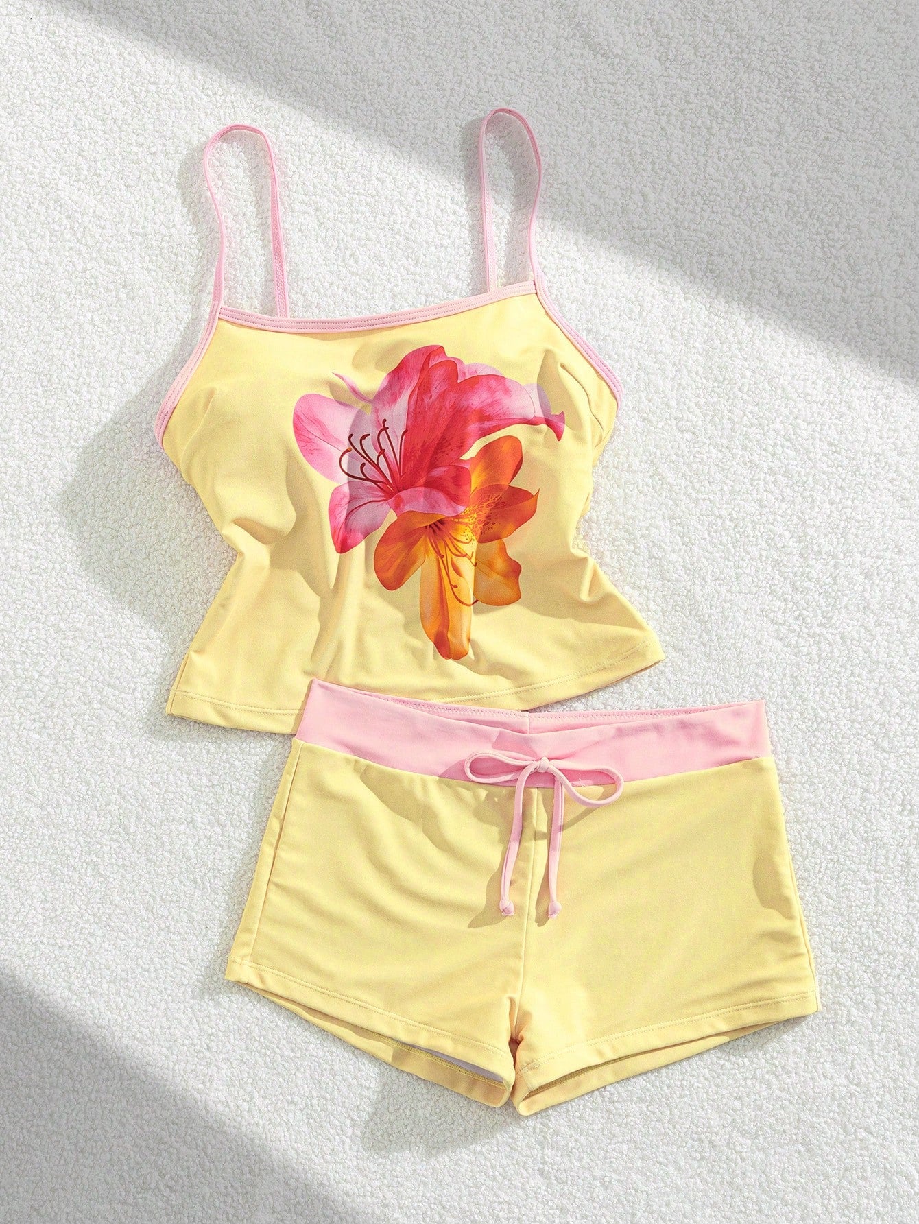 Tropical Print Tankini Swimwear Set For Women, Includes Built-In T-Shirt Bra Top, Vacation Beach Camisole Summer