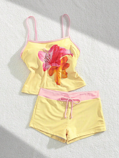 Tropical Print Tankini Swimwear Set For Women, Includes Built-In T-Shirt Bra Top, Vacation Beach Camisole Summer