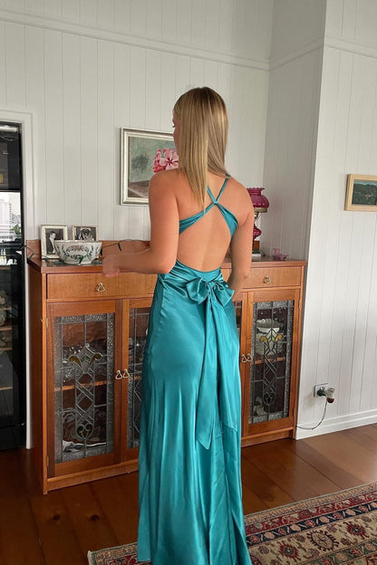 Turquoise Twist Sheath Silk Long Party Dress