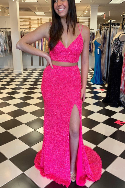 Two Piece Neon Pink Sequins Mermaid Prom Dress
