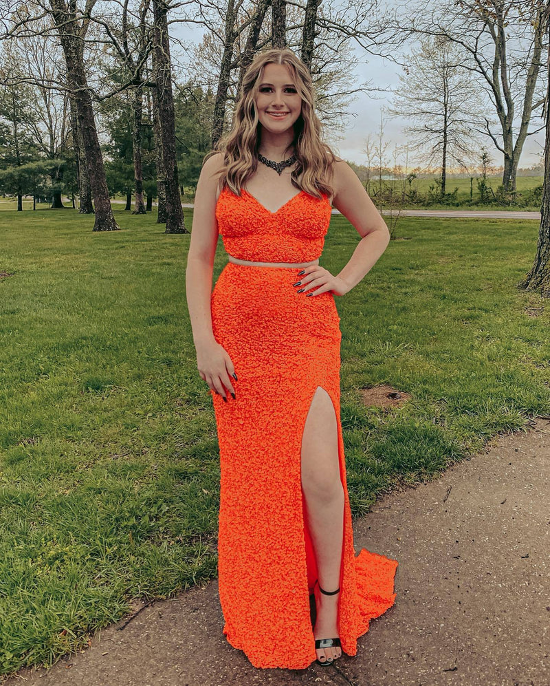 Two Piece Neon Pink Sequins Mermaid Prom Dress