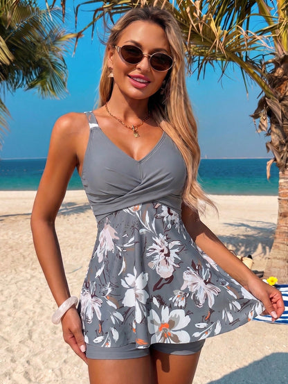 Two Piece Set Women Boho Twist Cut Out Pocket Summer Vacation Beach Tankini Set