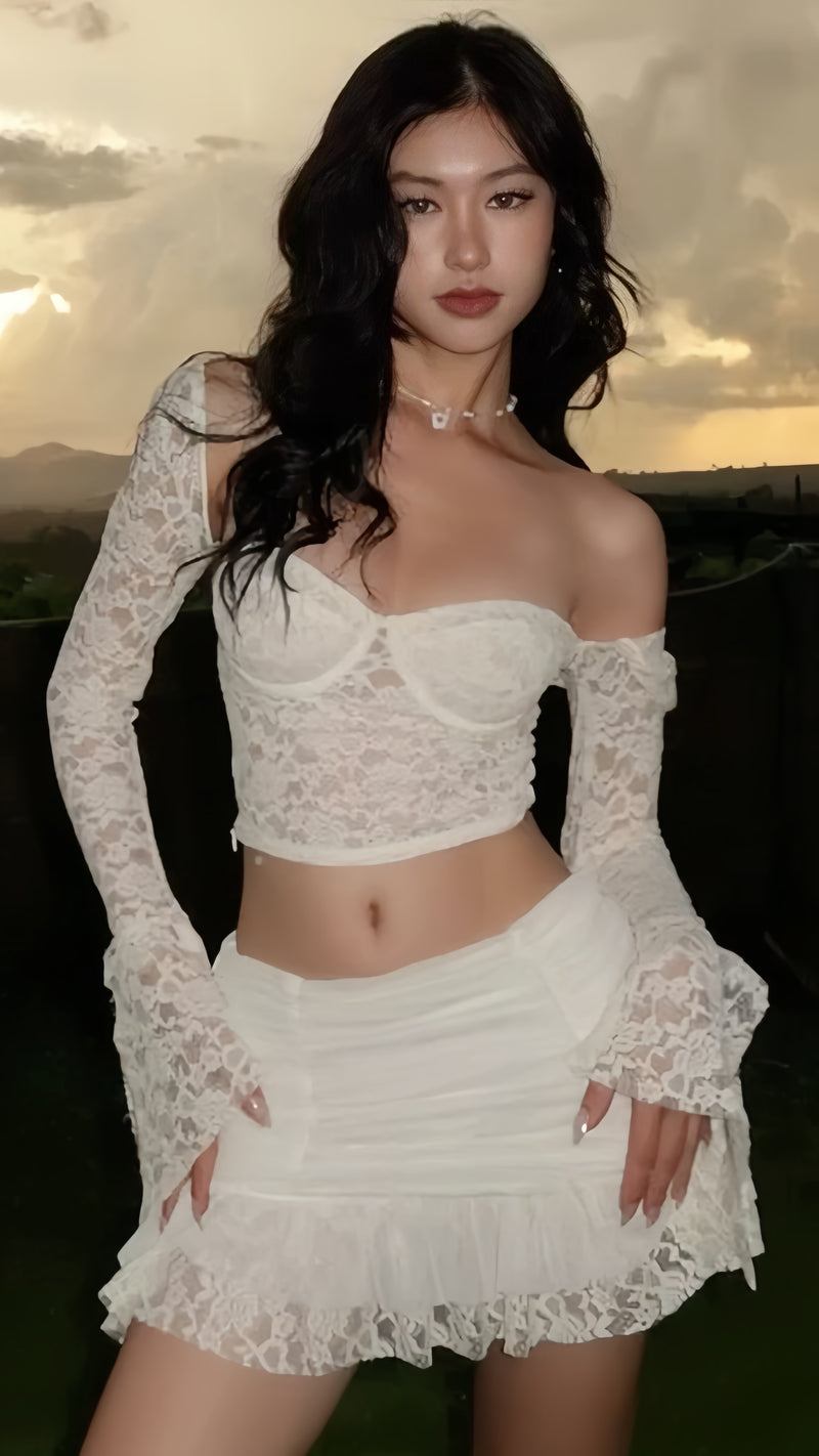 Two Pieces White Lace Hoco Dress Graduation Party Dress, AST1944