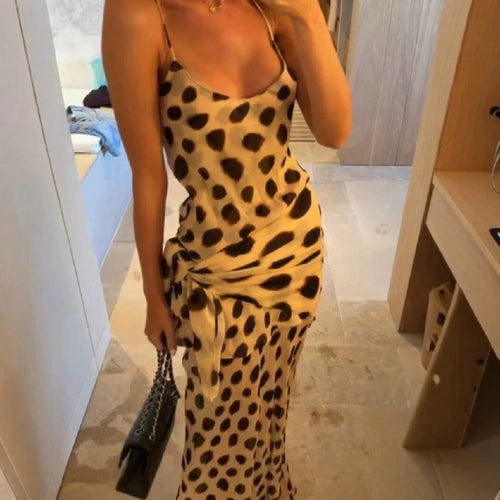 U Neck Thin Spaghetti Strap Leopard Print Side Ruched Irregular Mermaid Maxi Dress Slim Outfit For Night Club Date Vacation Street Sexy Sundress