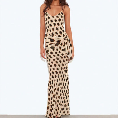 U Neck Thin Spaghetti Strap Leopard Print Side Ruched Irregular Mermaid Maxi Dress Slim Outfit For Night Club Date Vacation Street Sexy Sundress