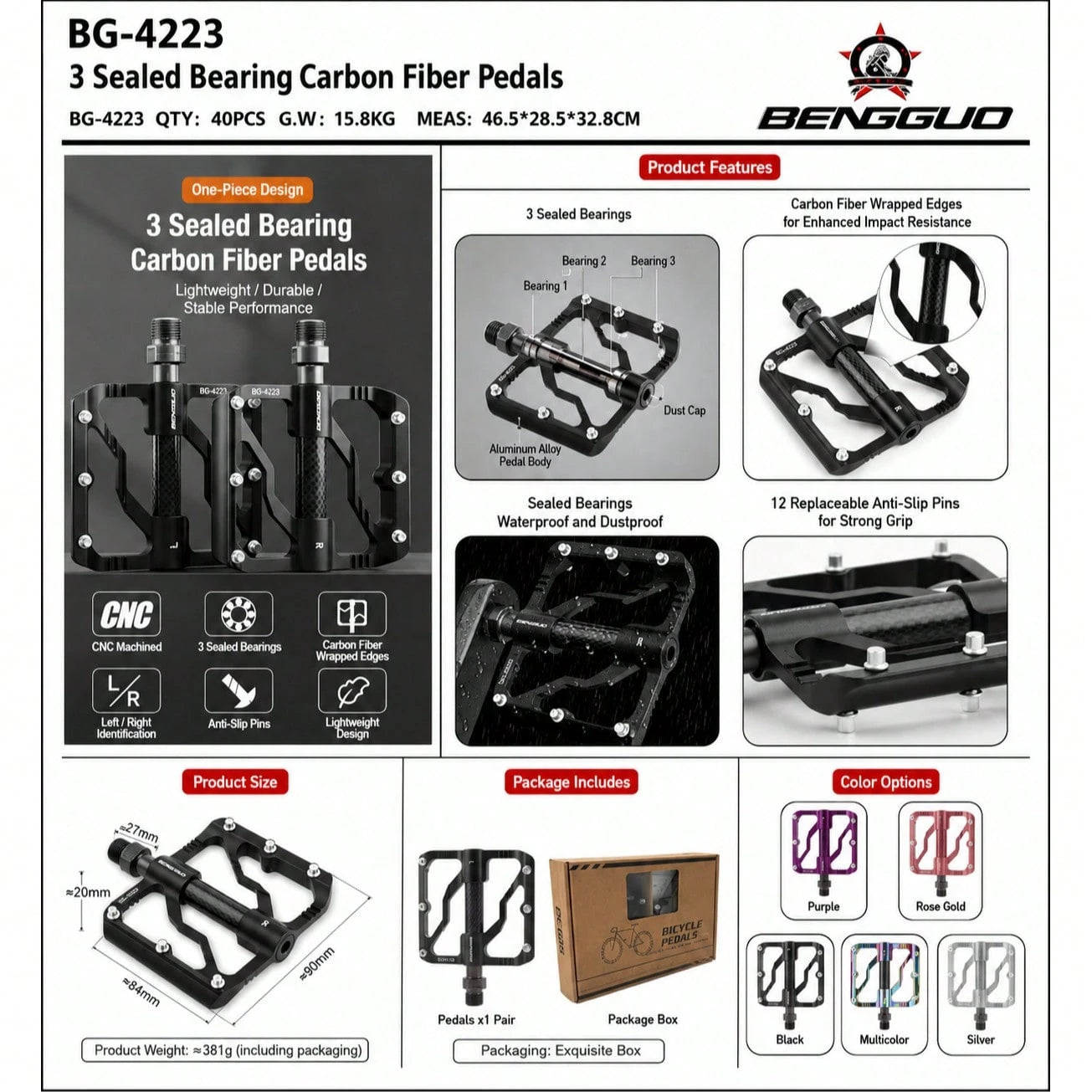Ultra-Light Carbon Fiber 3-Bearing Bicycle Pedals, Mountain Bike Aluminum Alloy Anti-Slip Pedal, Cycling Accessories, 1 Pair