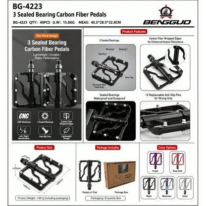 Ultra-Light Carbon Fiber 3-Bearing Bicycle Pedals, Mountain Bike Aluminum Alloy Anti-Slip Pedal, Cycling Accessories, 1 Pair