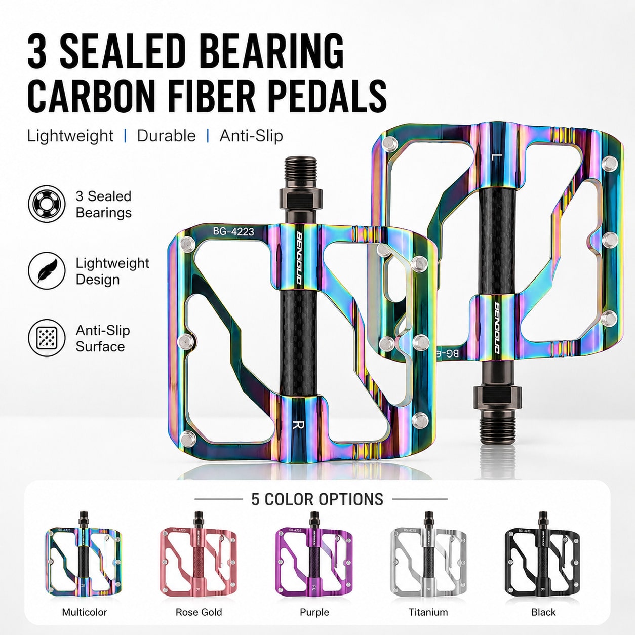 Ultra-Light Carbon Fiber 3-Bearing Bicycle Pedals, Mountain Bike Aluminum Alloy Anti-Slip Pedal, Cycling Accessories, 1 Pair