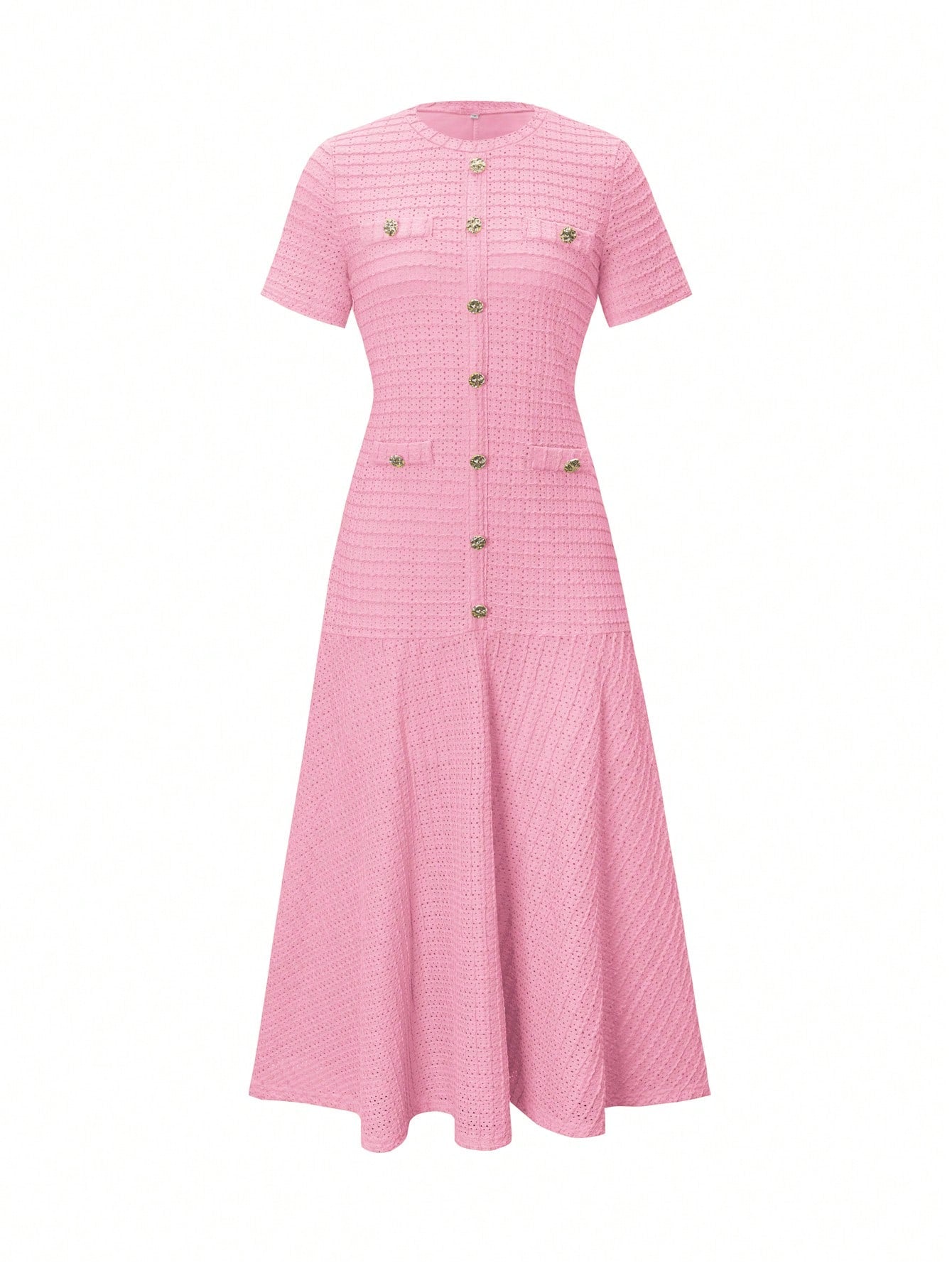 Unadoll Women's Autumn Pink Tweed Mermaid Midi Dress, Short Sleeve Button Fitted Dress, Suitable For Back To School, Birthday, Date Night