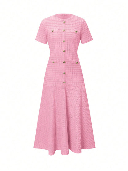 Unadoll Women's Autumn Pink Tweed Mermaid Midi Dress, Short Sleeve Button Fitted Dress, Suitable For Back To School, Birthday, Date Night
